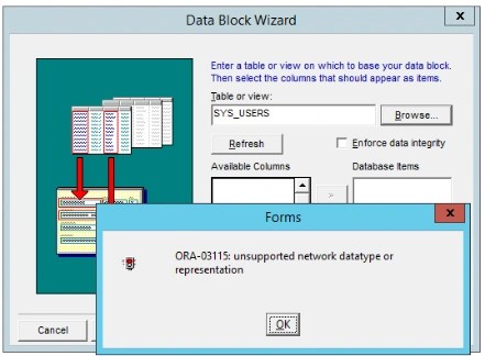 ORA-03115 unsupported network datatype or representation error